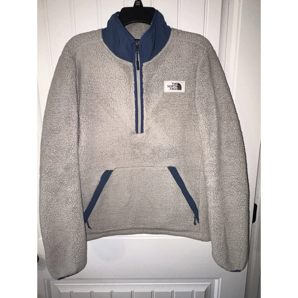 The North Face Campshire Sherpa Fleece Pullover Mens Small Gray Blue Quarter Zip